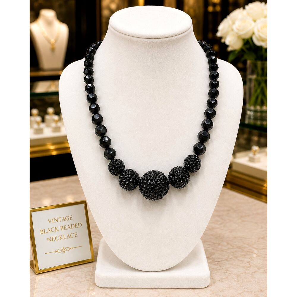 Black Crystal Statement Necklace Faceted Beads Pavé Adjustable 18"